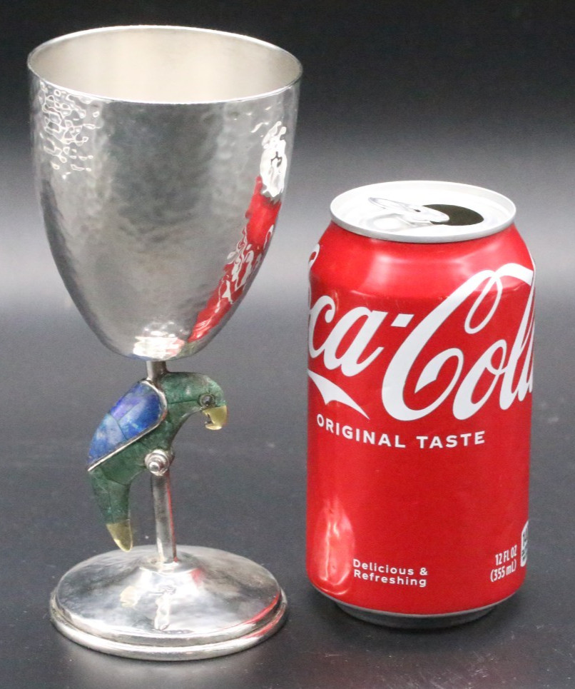 Emilia Castillo Silver-Plated Parrot Goblet With Lapis & Malachite Mexico 1980s