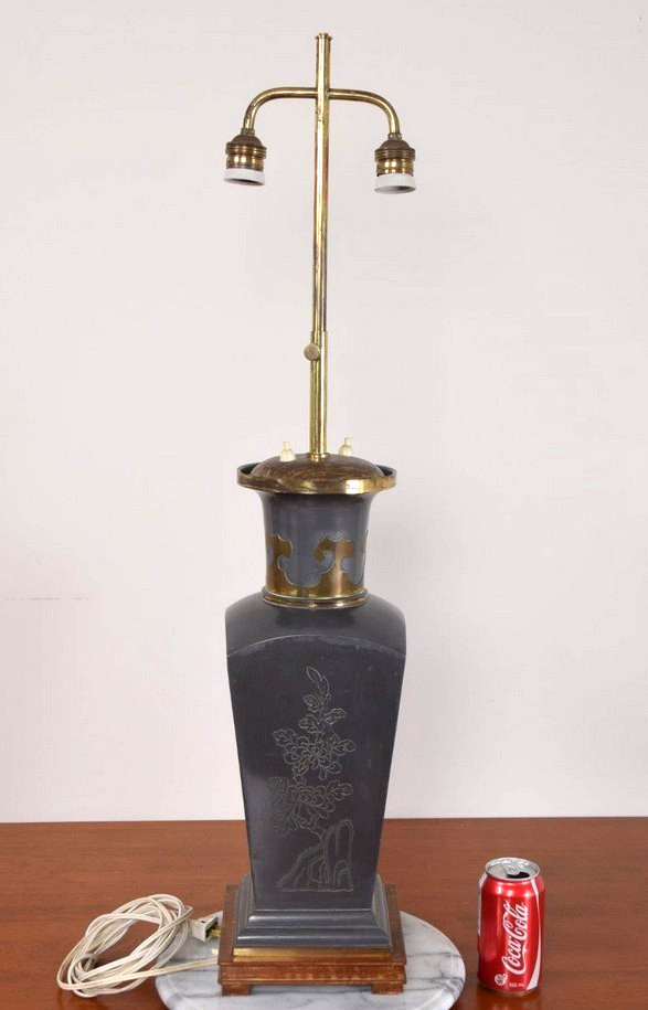 Chinese Pewter and Brass Vase Lamp Engraved with Flowers Bamboo and Bird