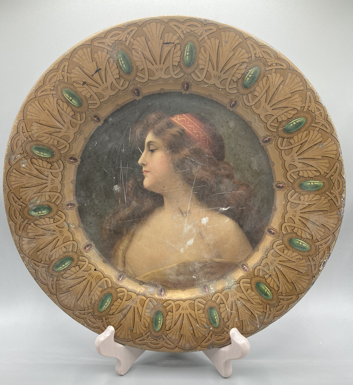Antique Tin ART PLATE 10″ Early 1900s, Lithograph image: Profile, little hat