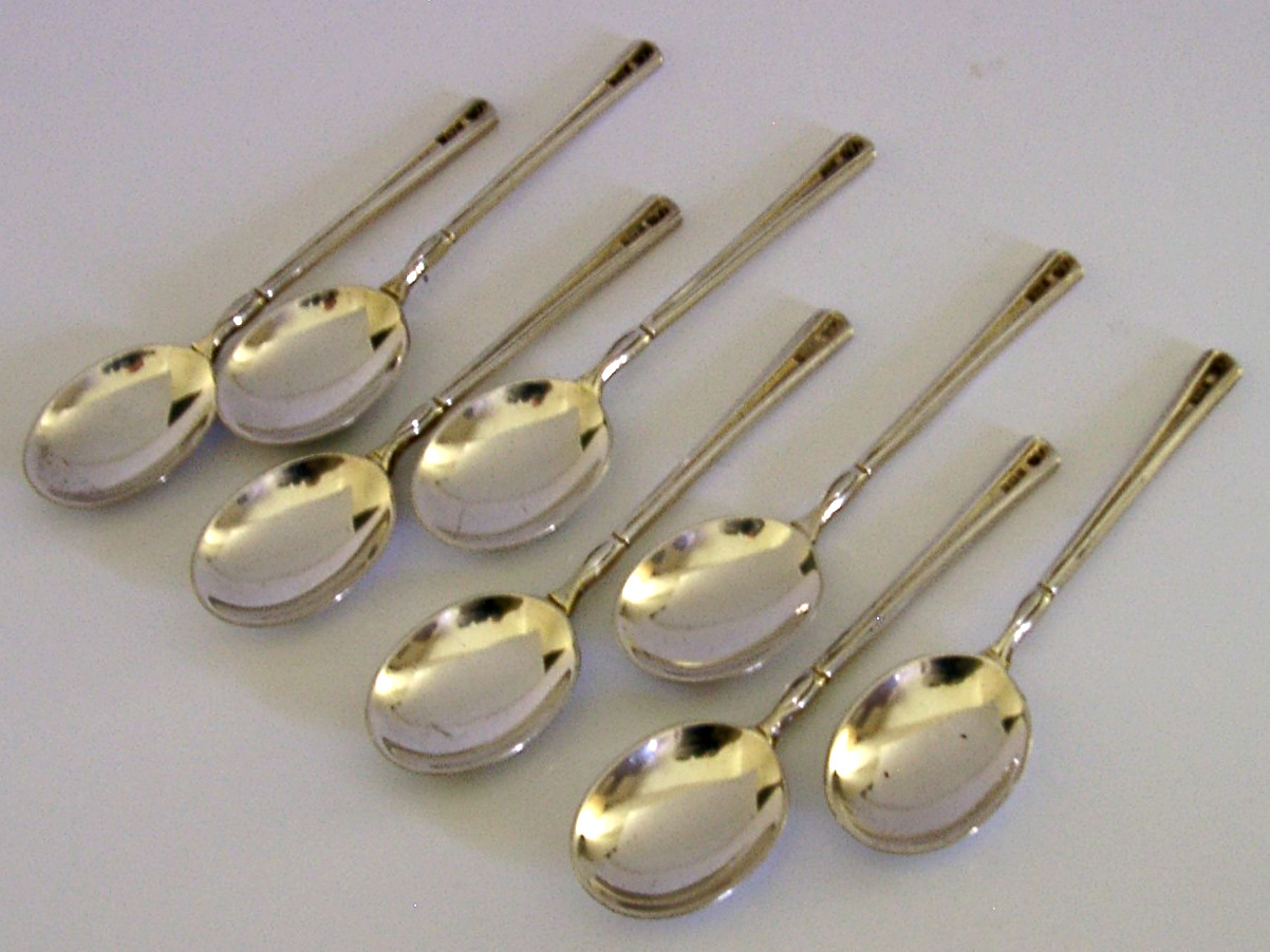 EIGHT STUNNING SOLID STERLING SILVER ENAMELLED FLOWER SPOONS 1972