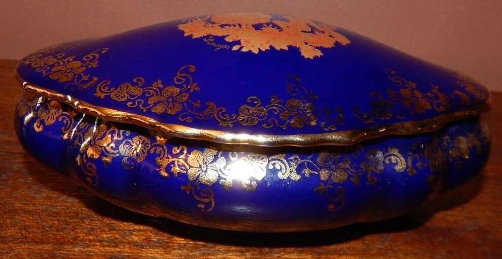 Limoges – France, “Imperial,” Midnight Blue Porcelain, 22K Gold Leaf Bowl & Lid.