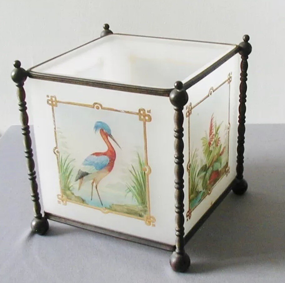 Antique Bronze Opaline Glass Cache Pot Tissue Box Jardiniere Chinoiserie Vase