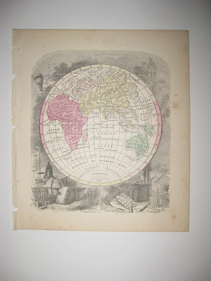 ANTIQUE 1856 EASTERN HEMISPHERE WORLD MAP ORANTE BORDER ASIA AUSTRALIA AFRICA NR