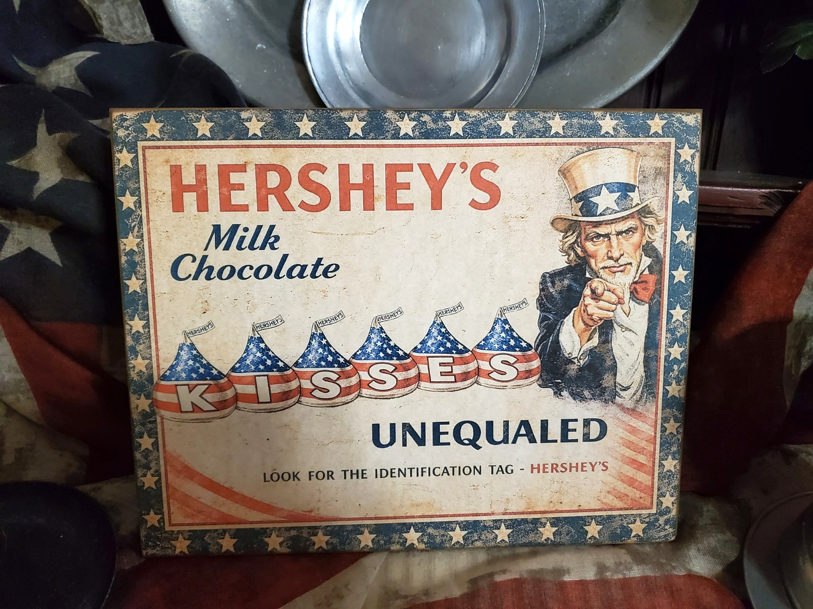 VINTAGE PRIMITIVE COLONIAL STYLE PATRIOTIC AMERICA HERSHEY KISSES UNCLE SAM SIGN