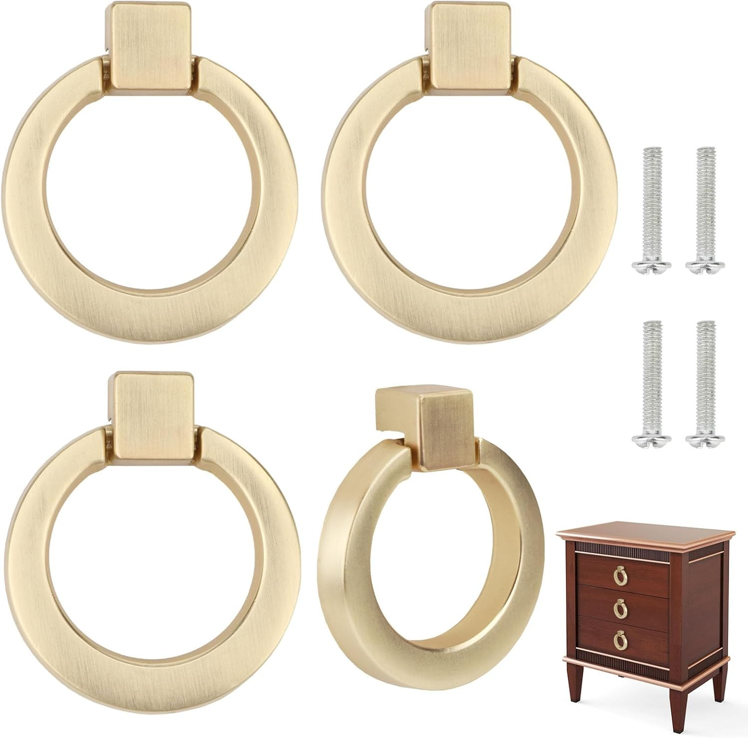 Antique Round Drop Ring Drawer Pulls in Brushed Gold – Set of 4