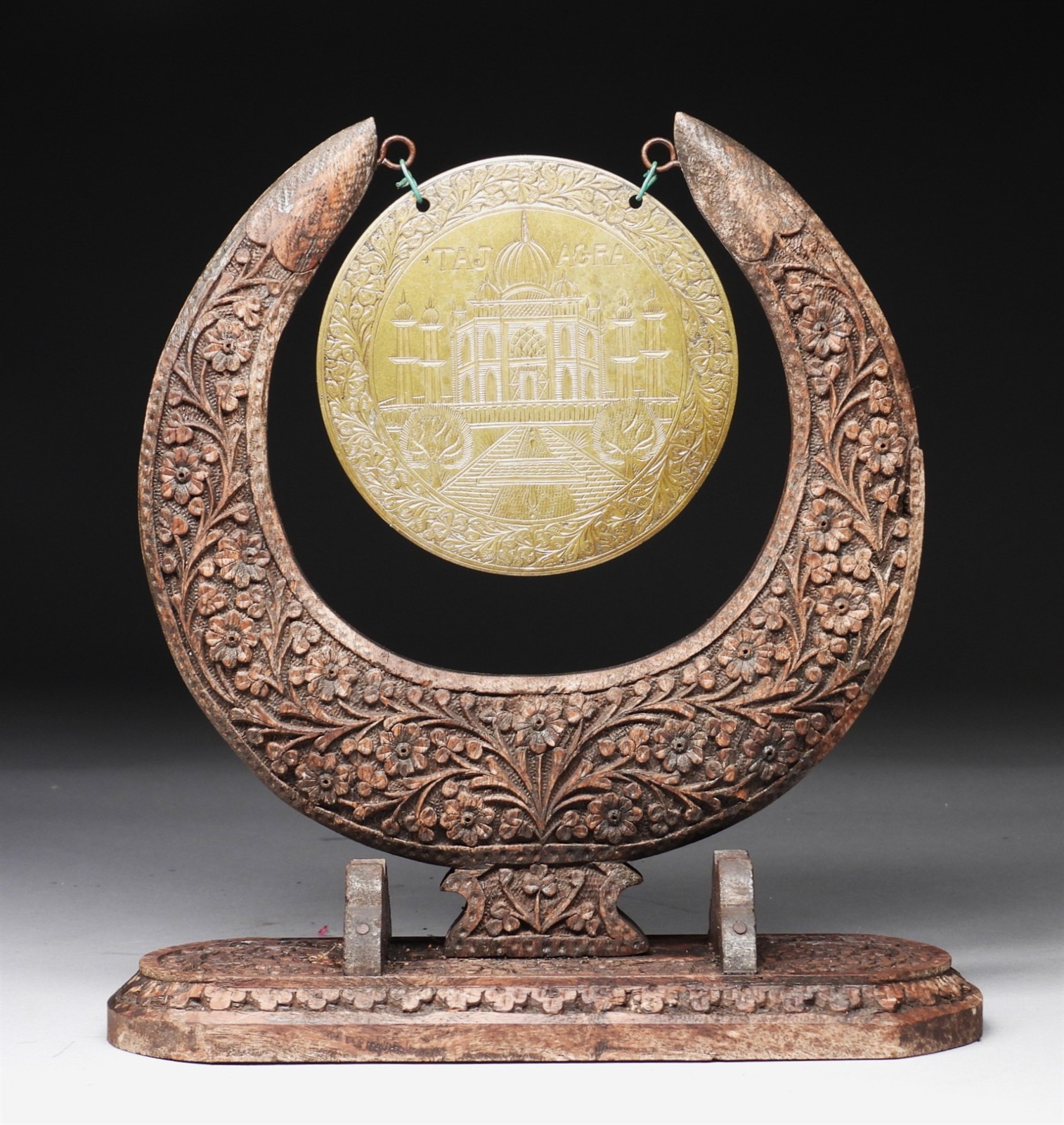 Taj Mahal Agra India Brass Gong w/ Carved Wood Stand