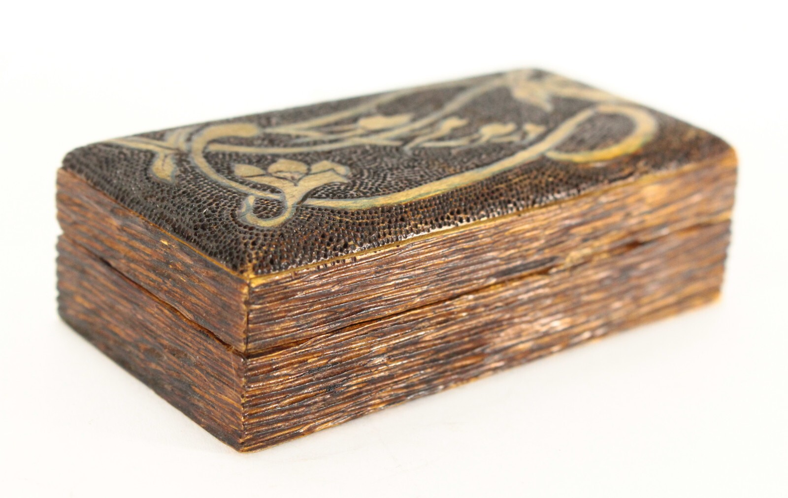 = Antique 1890’s Art Nouveaux Stamp Box Poker Work w Flowers, French