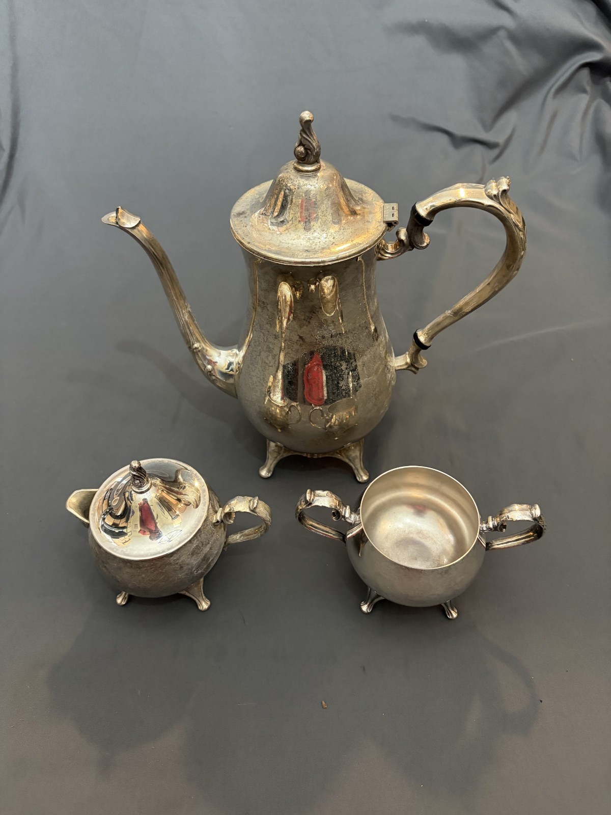 3Pc Vintage Silverplate Tea Coffee Set Pot Creamer Sugar Bowl Footed Ornate
