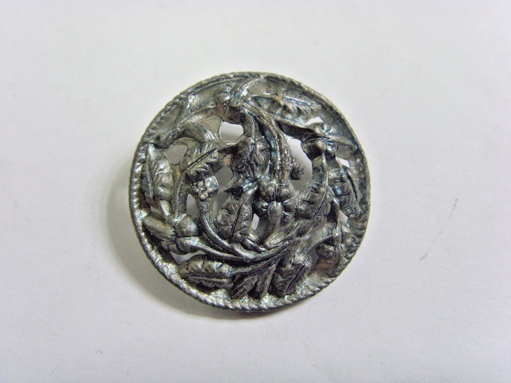 1800s antique filigree cutout metal floral vine meniscus disc button 49221