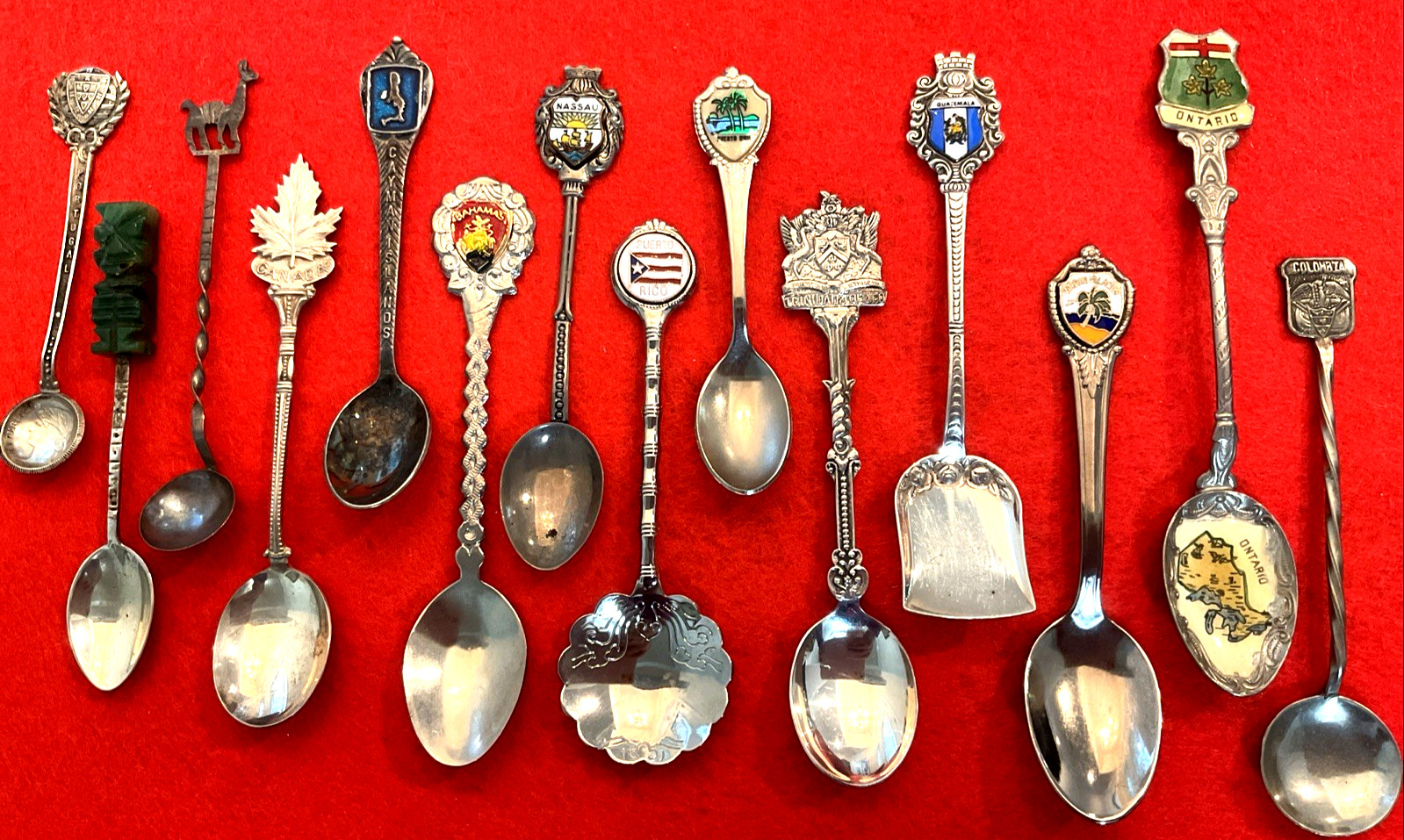 14 Central South America Caribbean Spoons Sterling, Silver, Alloy, Enamel Mix