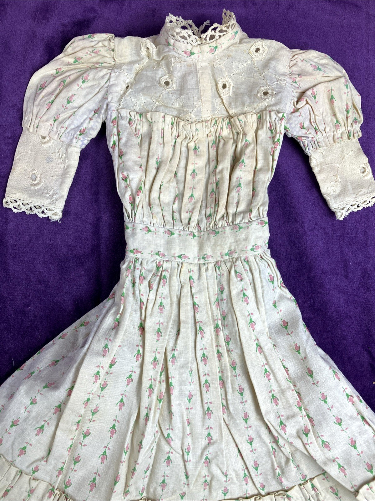 Antique Edwardian Doll Dress Micro Roses Cotton C 1900