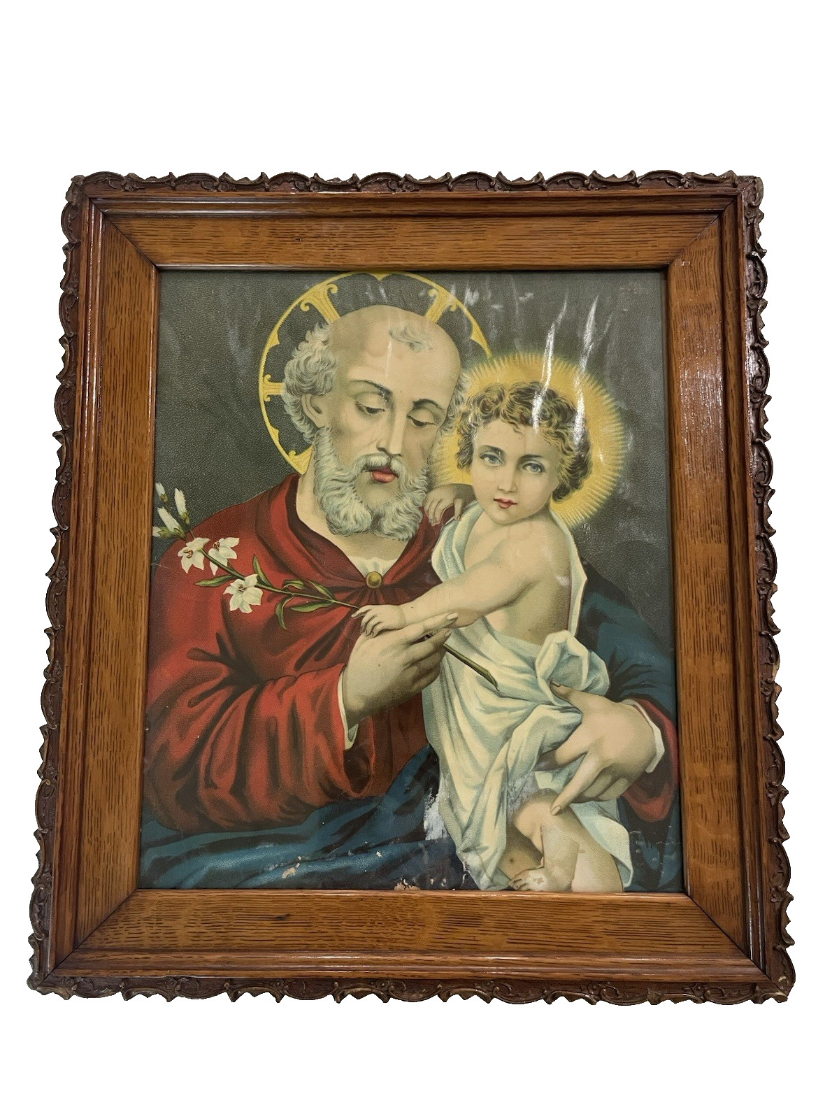 Beautiful Antique 15″x17″ Framed Religious Icon Litho St Joseph & Child Jesus