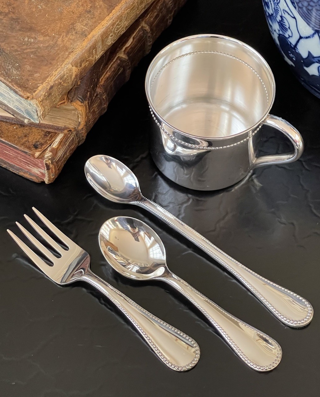 Rare Reed & Barton Sterling Silver Classic Bead Baby Cup Fork Spoon Set American