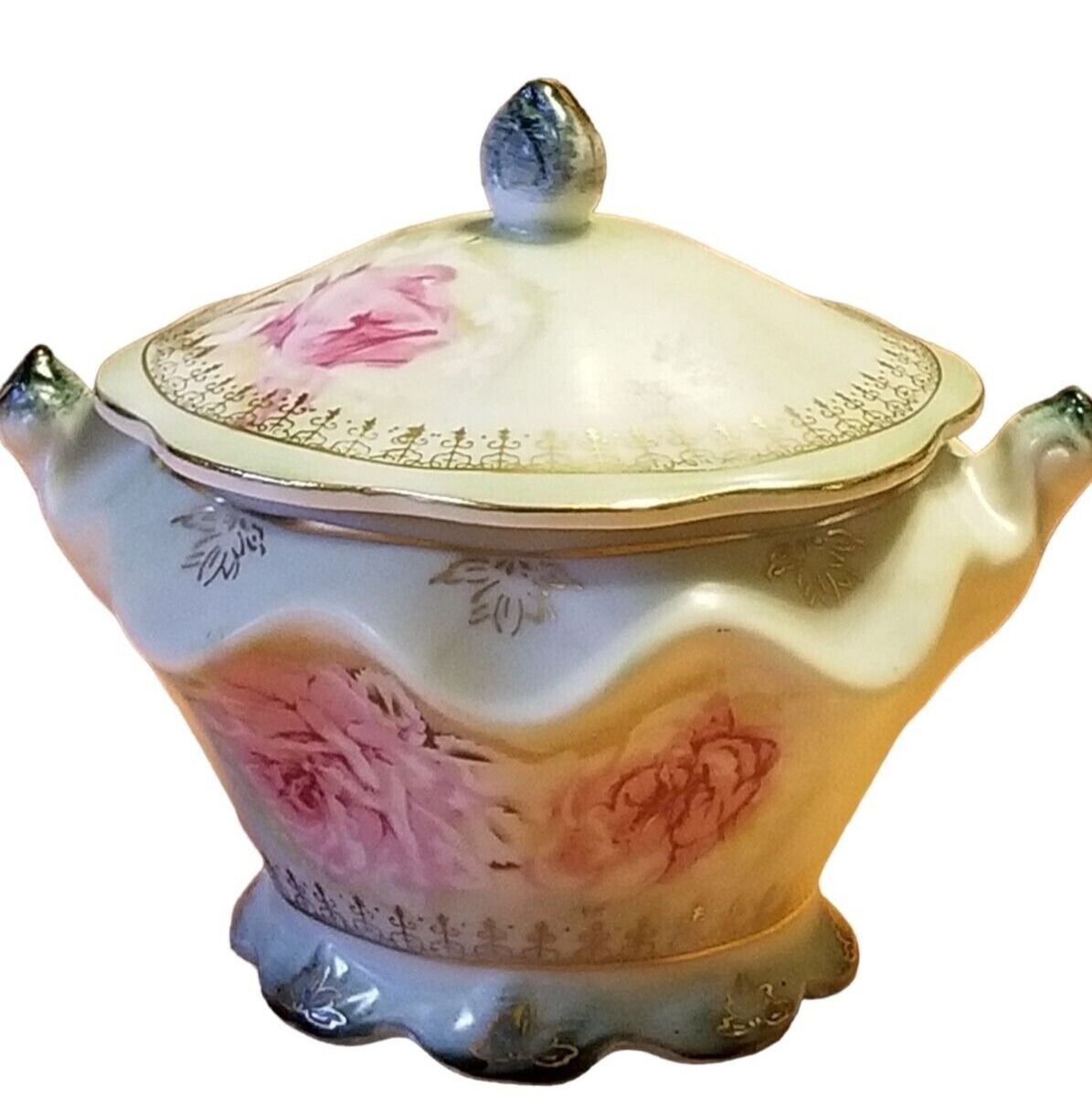 Antique Nippon Moriage Sugar Bowl And Lid Pink Rose Green Gold Hand Painted