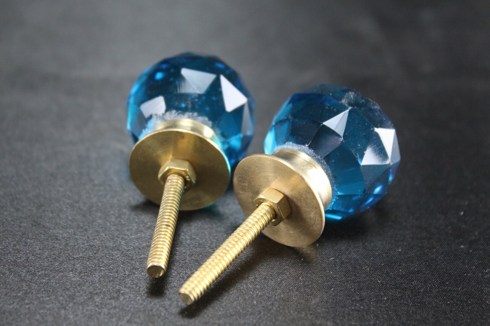 Sky Blue Diamond Cut Glass Door Knobs | Brass Base, Vintage Set of 2, Home Decor