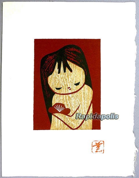 Original 1950s Kaoru Kawano Woodblock Color Print with Chop Mark GIRL WITH FAN
