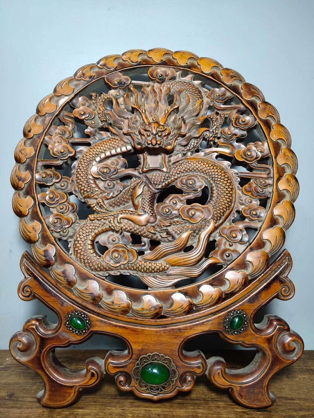 Old China Boxwood Wood Inlay Gem Dragon Loong Beast Animal Folding Screen Statue