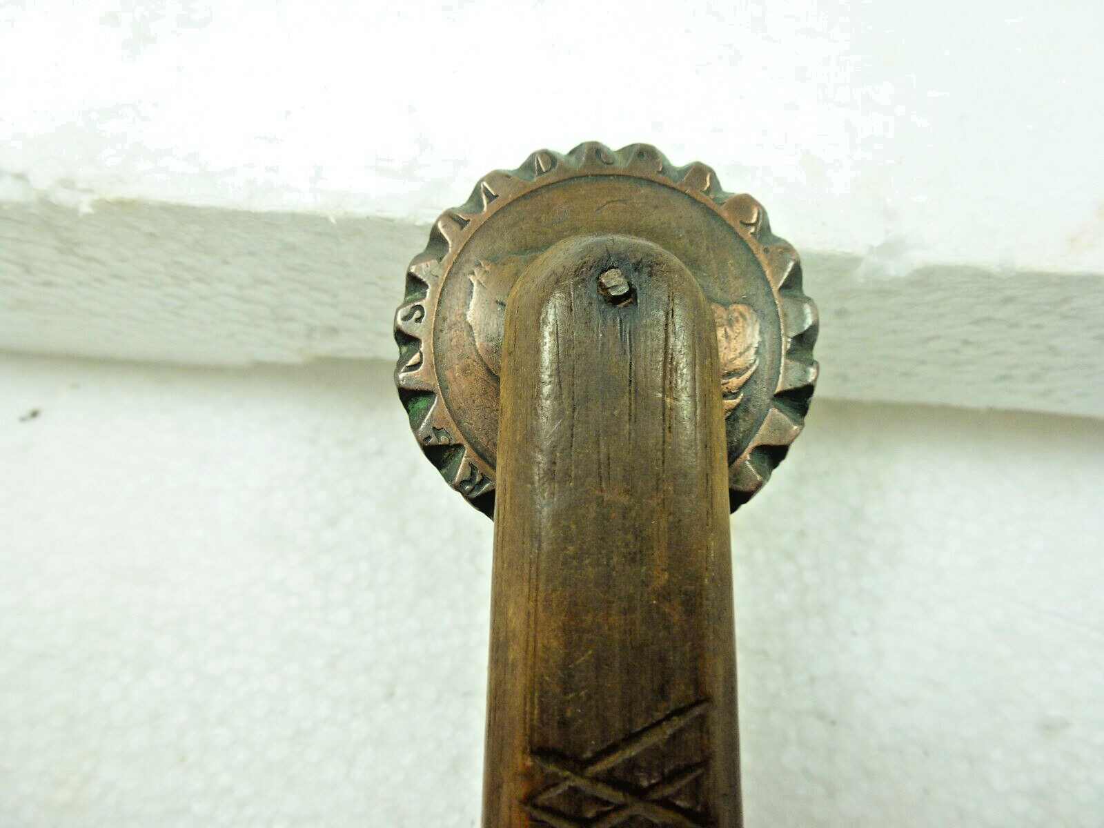 Antique 19th Century Handmade Pie Crimper Maple Handle 1797 Britannia Penny