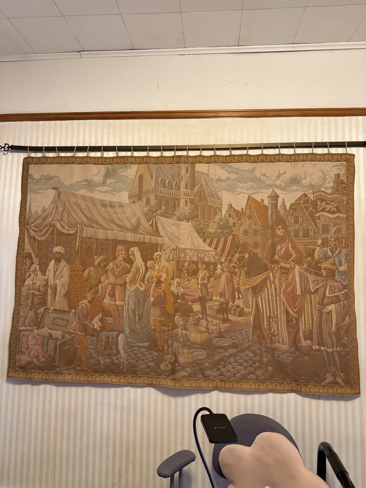 vintage fabulous belgium aubusson style pictorial Mid evil market wall tapestry