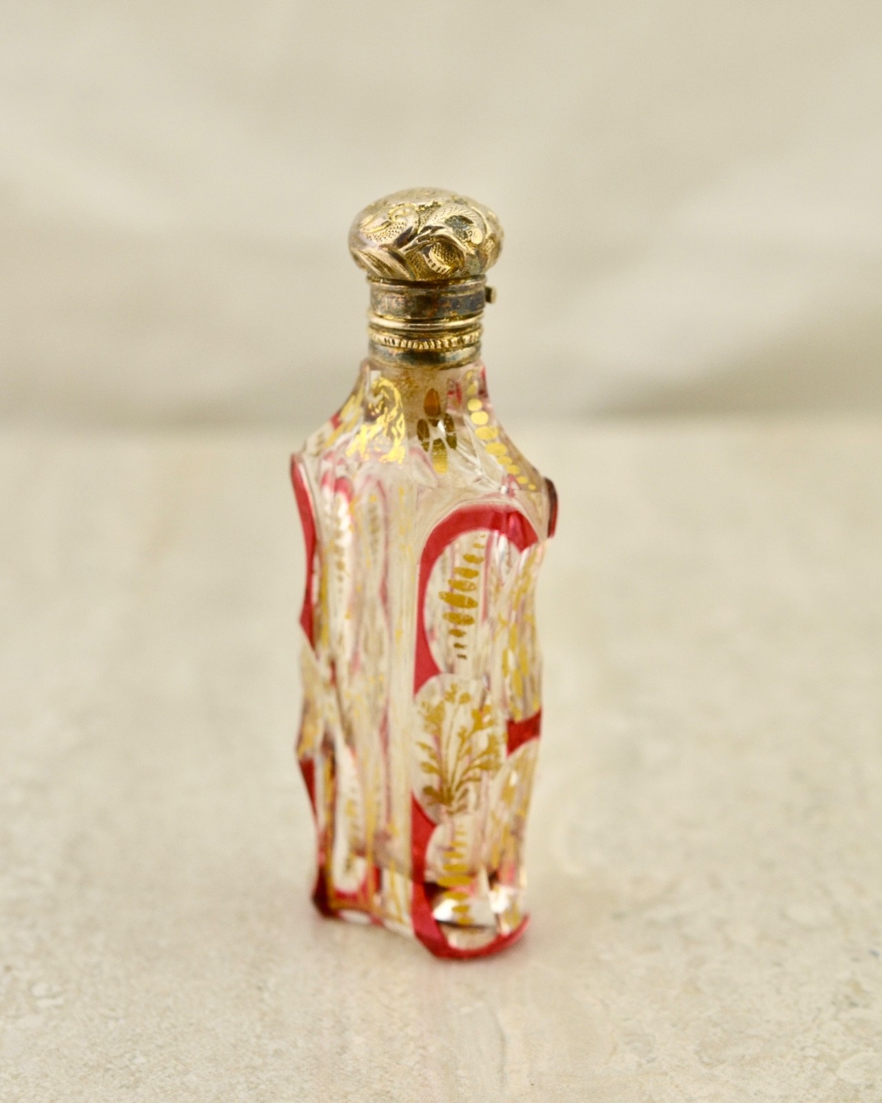 Antique Victorian Repousse Sterling Silver Venetian Crystal gilt perfume bottle