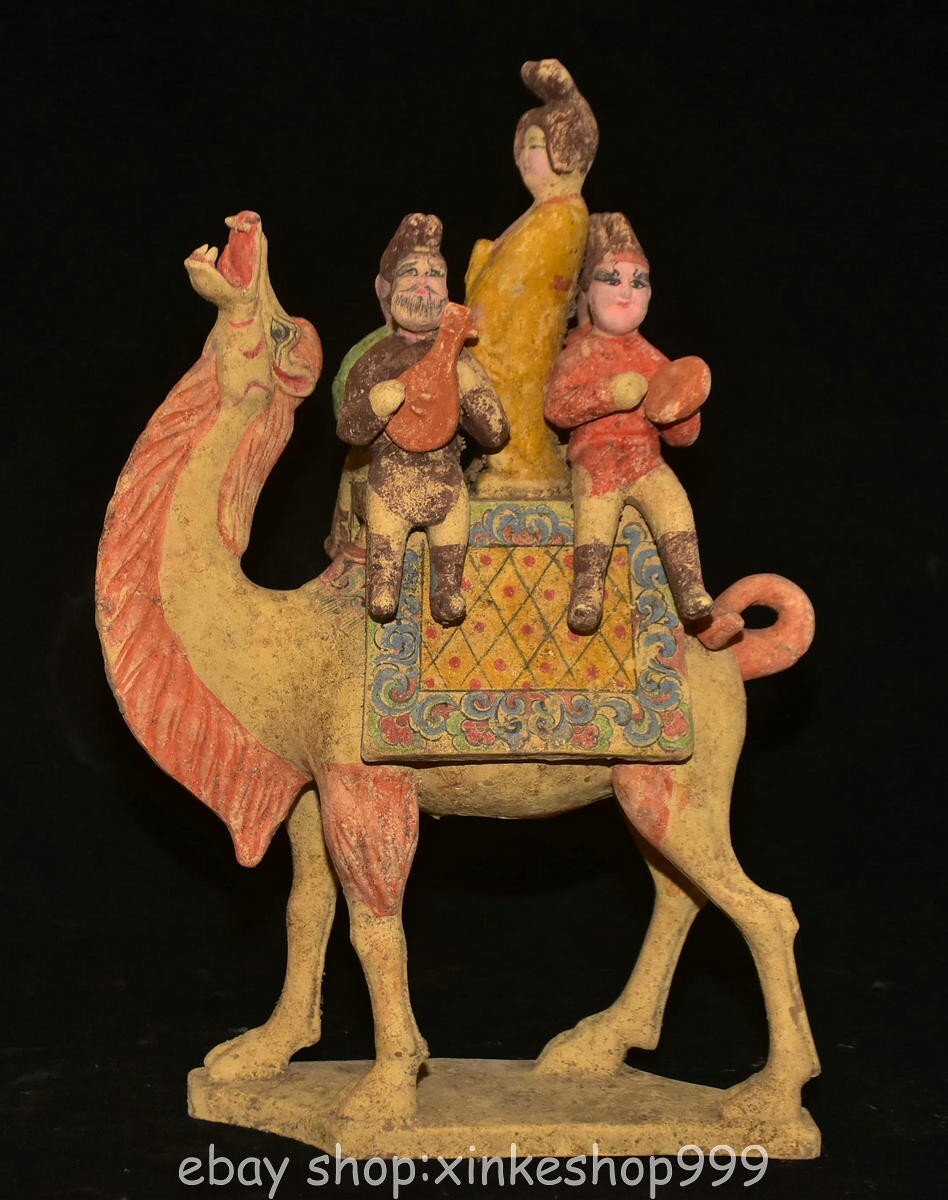 16″ Old Chinese Tang Sancai Pottery Dynasty band People camel Statue Sculpture