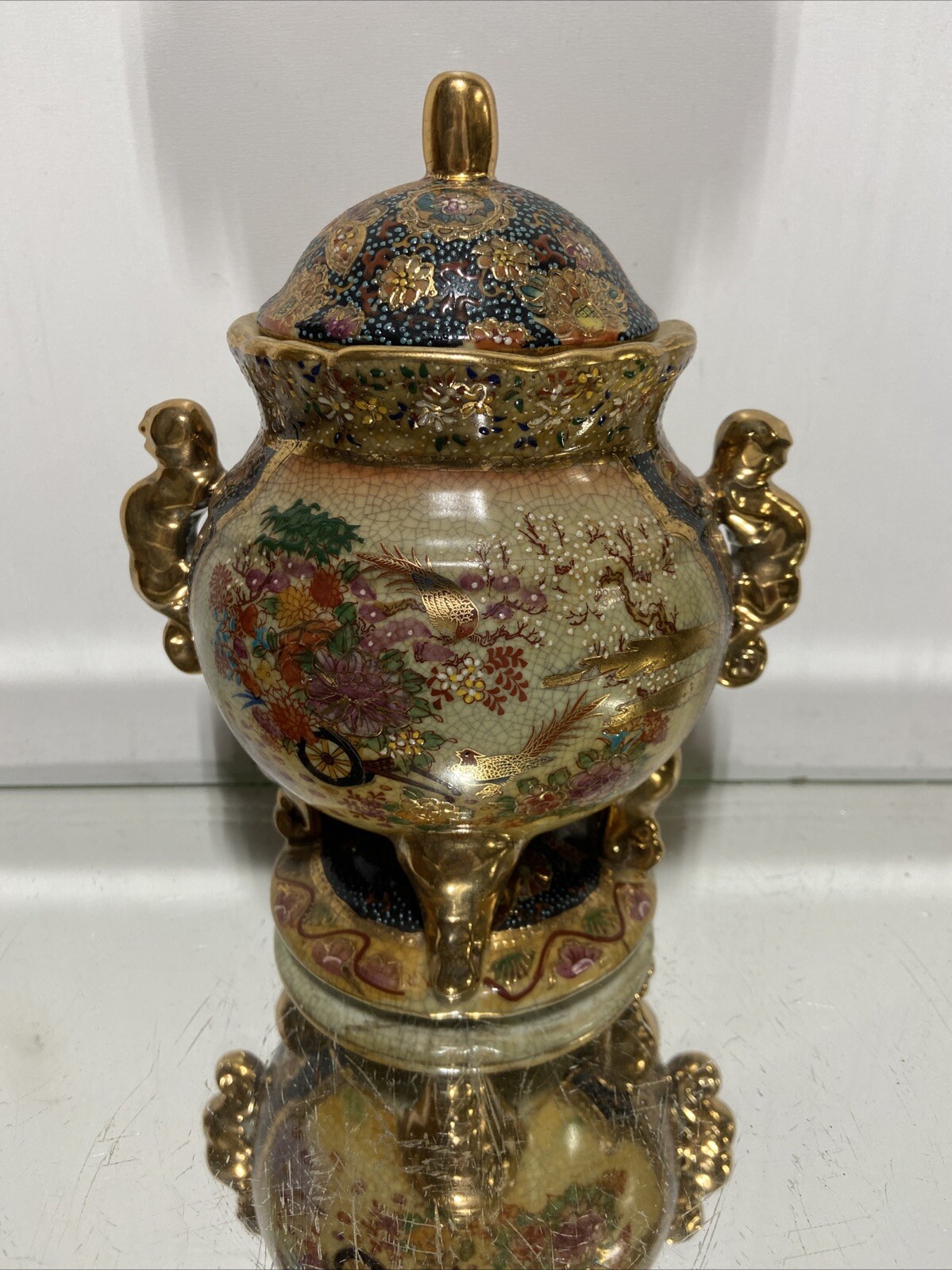 Vintage Royal SATSUMA Footed Pedestal Vase URN Ornate Footed Japanese