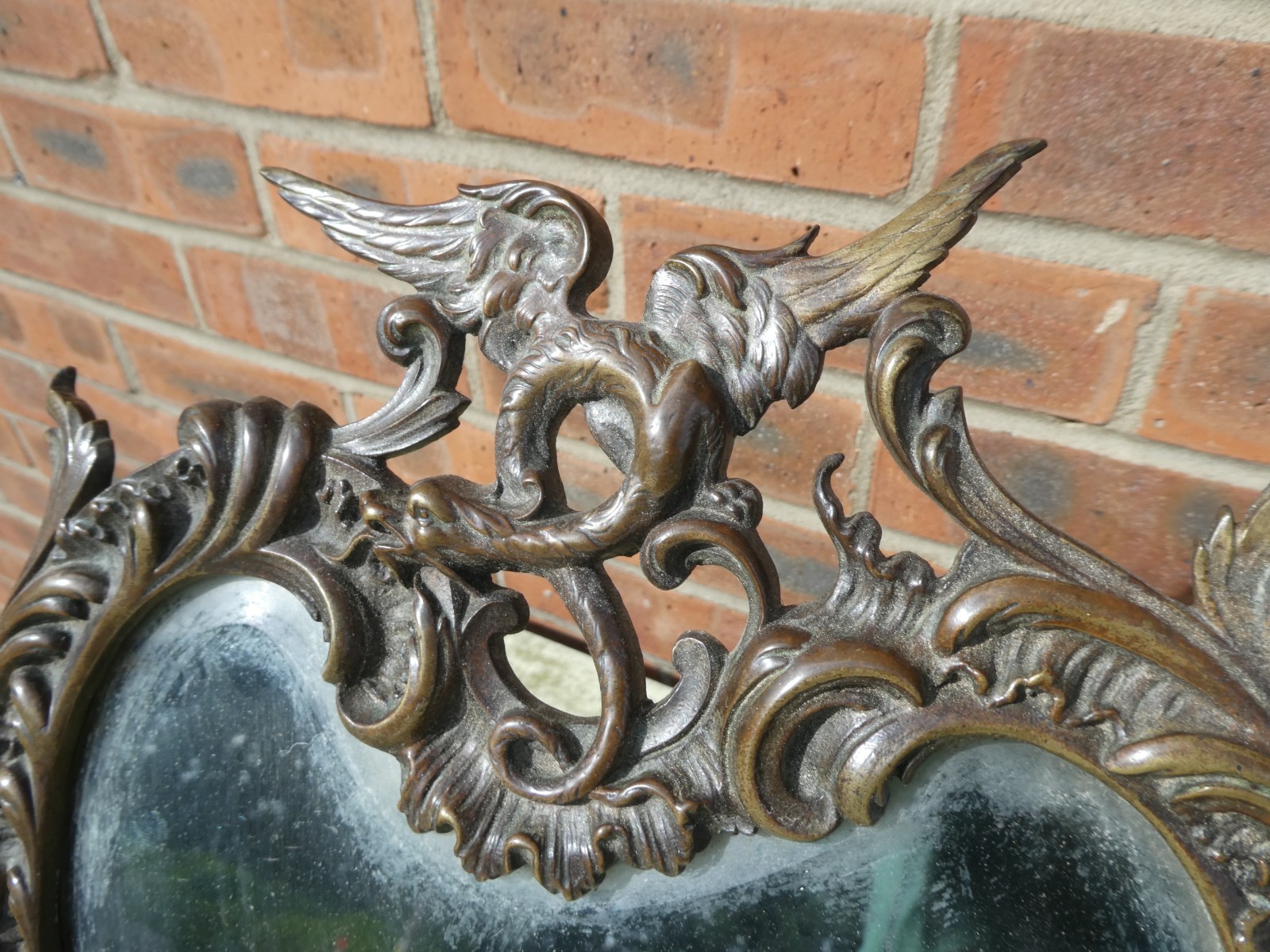 Antique Cast Brass Mythical Griffin Dragon Table Mirror 17″ Tall x 13″ wide #U9