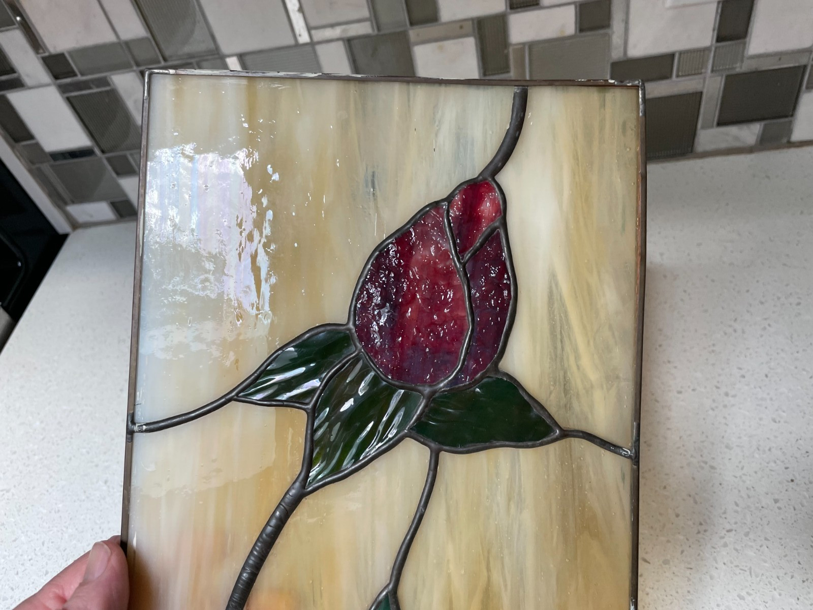 7.5″ x 14.75″ Rosebud Stem Leaded Stain Glass Panel – crack on one pane