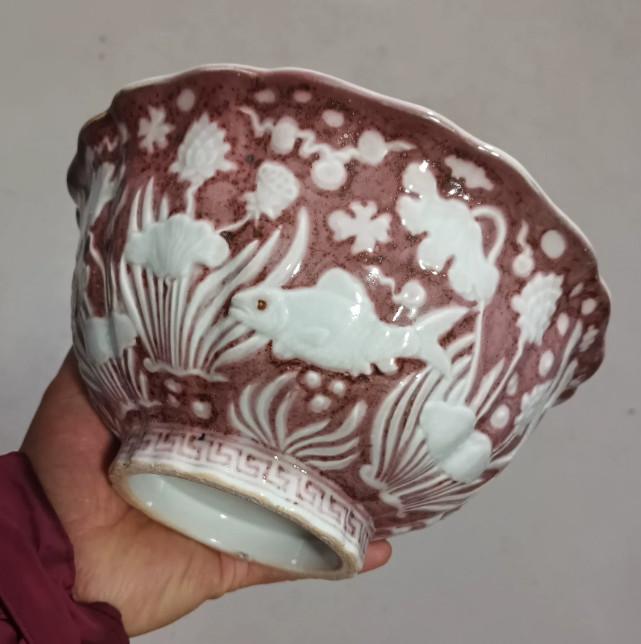 Fine Chinese Collectable Art Hand Underglaze Red Porcelain Fish Bowl