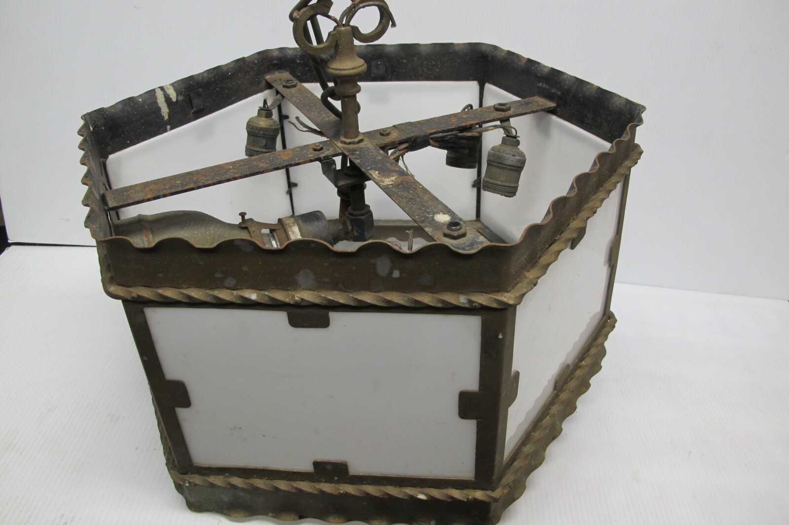 Old Arts & Crafts Style Ceiling Light Fixture Chandelier~Steel~Halophane Glass