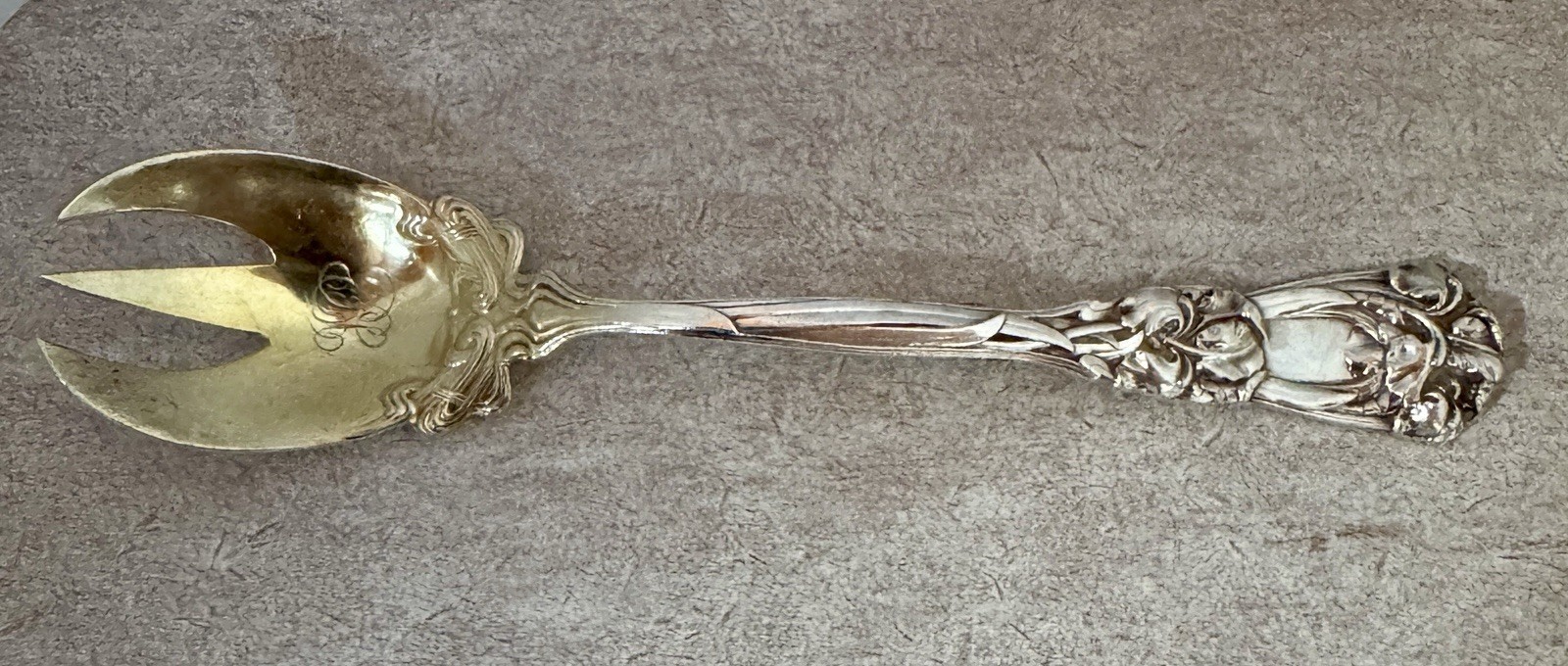 DURGIN IRIS STERLING 5 3/4” GOLD WASHED ICE CREAM FORK MINT ORIGINAL CONDITION!