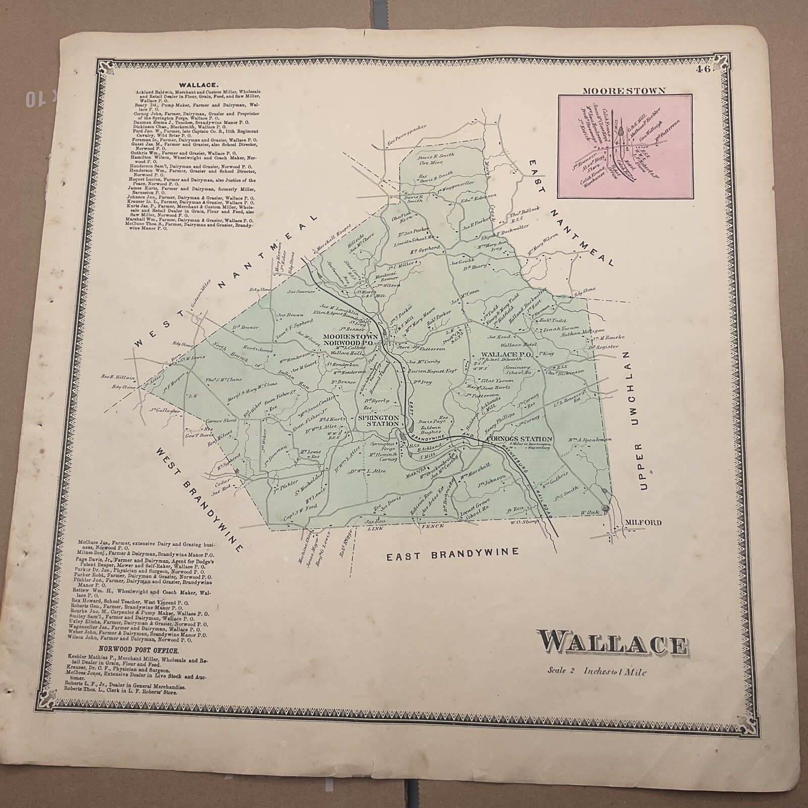 Original 1873 Atlas Map Wallace PA Chester County A R Witmer Businesses