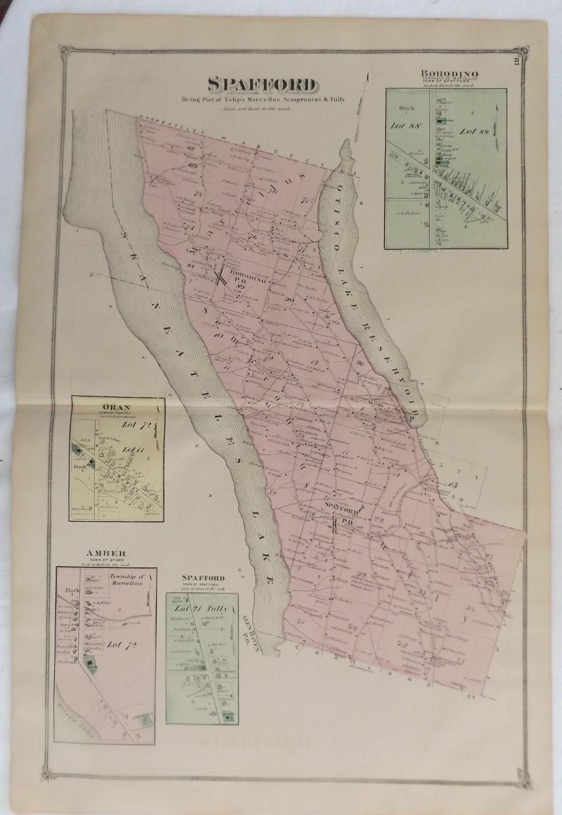 1874 Onondaga County NY Spafford Skaneateles Otisco Lake Amber Oran Borodino Map