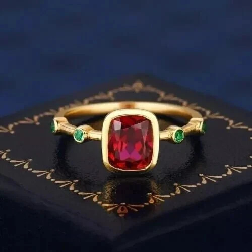2Ct Cushion Cut Lab Created Ruby & Emerald Wedding Ring 14K Yellow Gold Plated