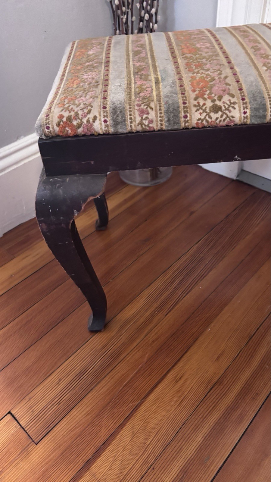 Antique Wooden Rectangular Footstool Striped Upholstered Top Carved Details