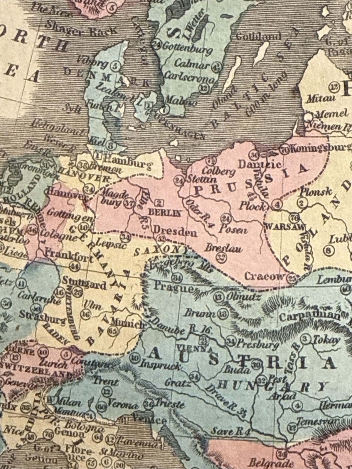 1849 EUROPE HandColored Map by Olney. 8×9 1/2” VG-Fine.