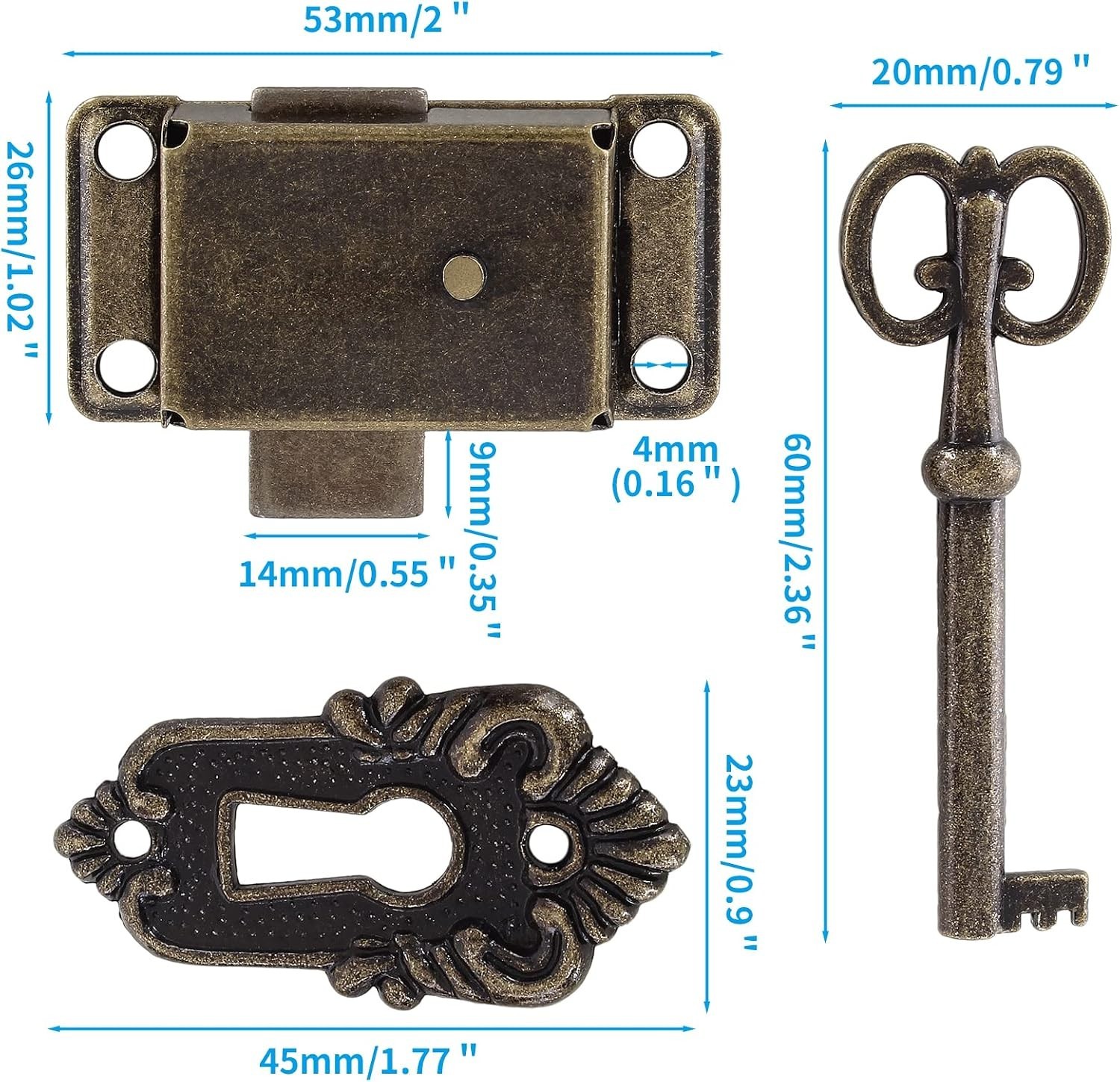 Skeleton Key Lock, 2 Sets, Antique Bronze, 53 x 26 mm, Screws Key