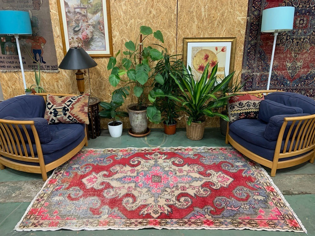 Vintage Turkish Oushak Rug 225×130 cm shabby carpet Ushak Region Medium