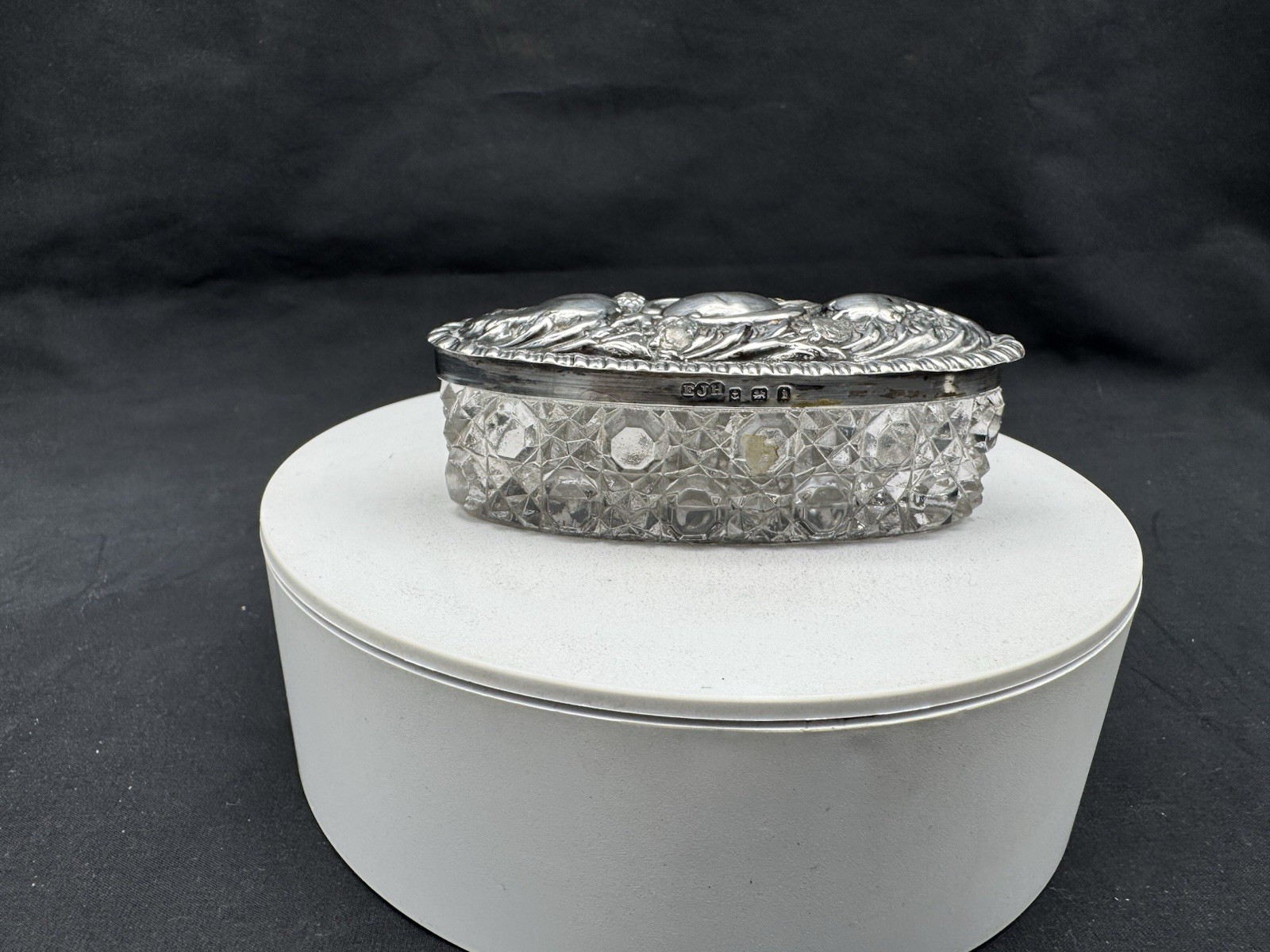 Antique 1908 English E J Houlston Sterling Silver & Cut Glass Covered Box