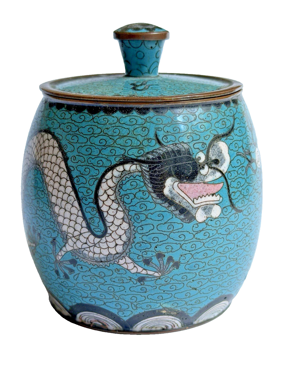 Vintage Chinese Cloisonné Jar Dragon Trinket Box Brass Turquoise Enamel Covered