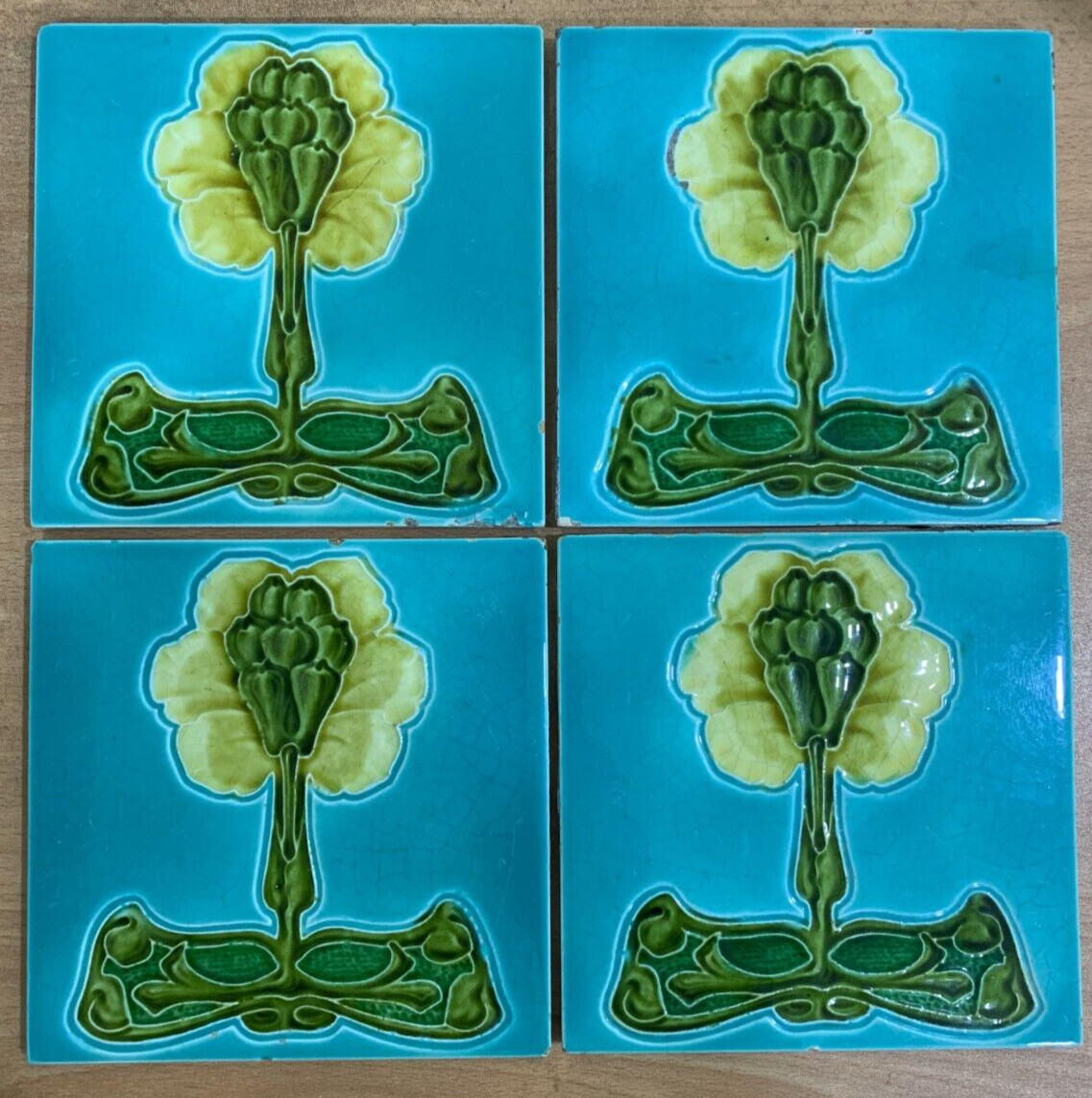 Tiles England 4 pcs 6×6 Inch Antique Rare Vintage Collectible Art Nouveau Deco