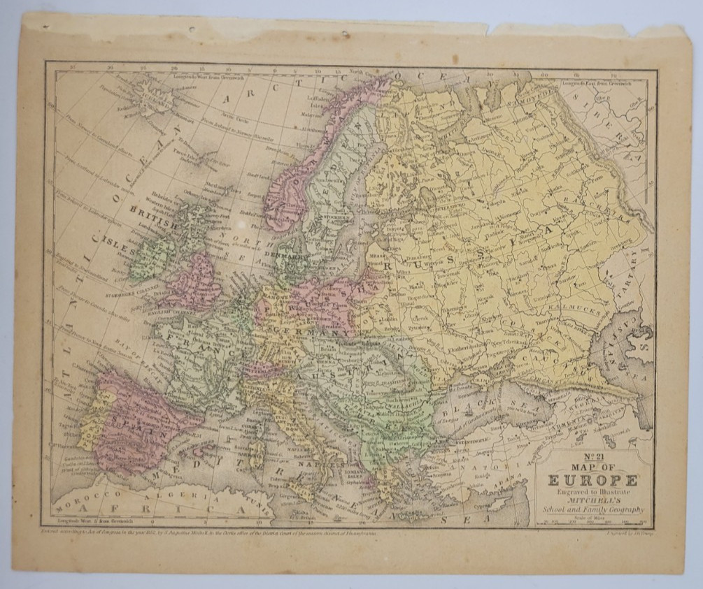 1852 Mitchell Map of Europe Original Antique Hand Colored Atlas Map