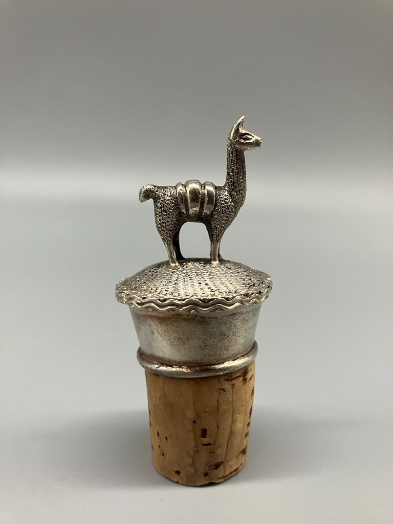 SOUTH AMERICAN COIN SILVER LLAMA FIGURINE CORK BOTTLE STOPPER