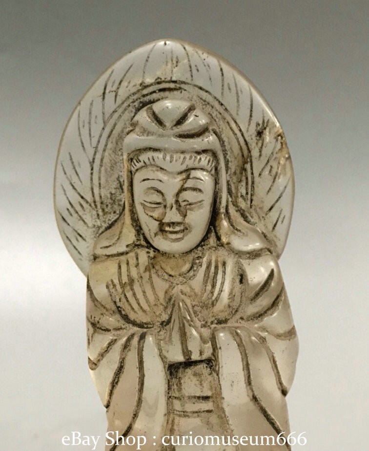 5.2”Old chinese White Crystal Carving Backlight Kwan-yin Guan Yin statue
