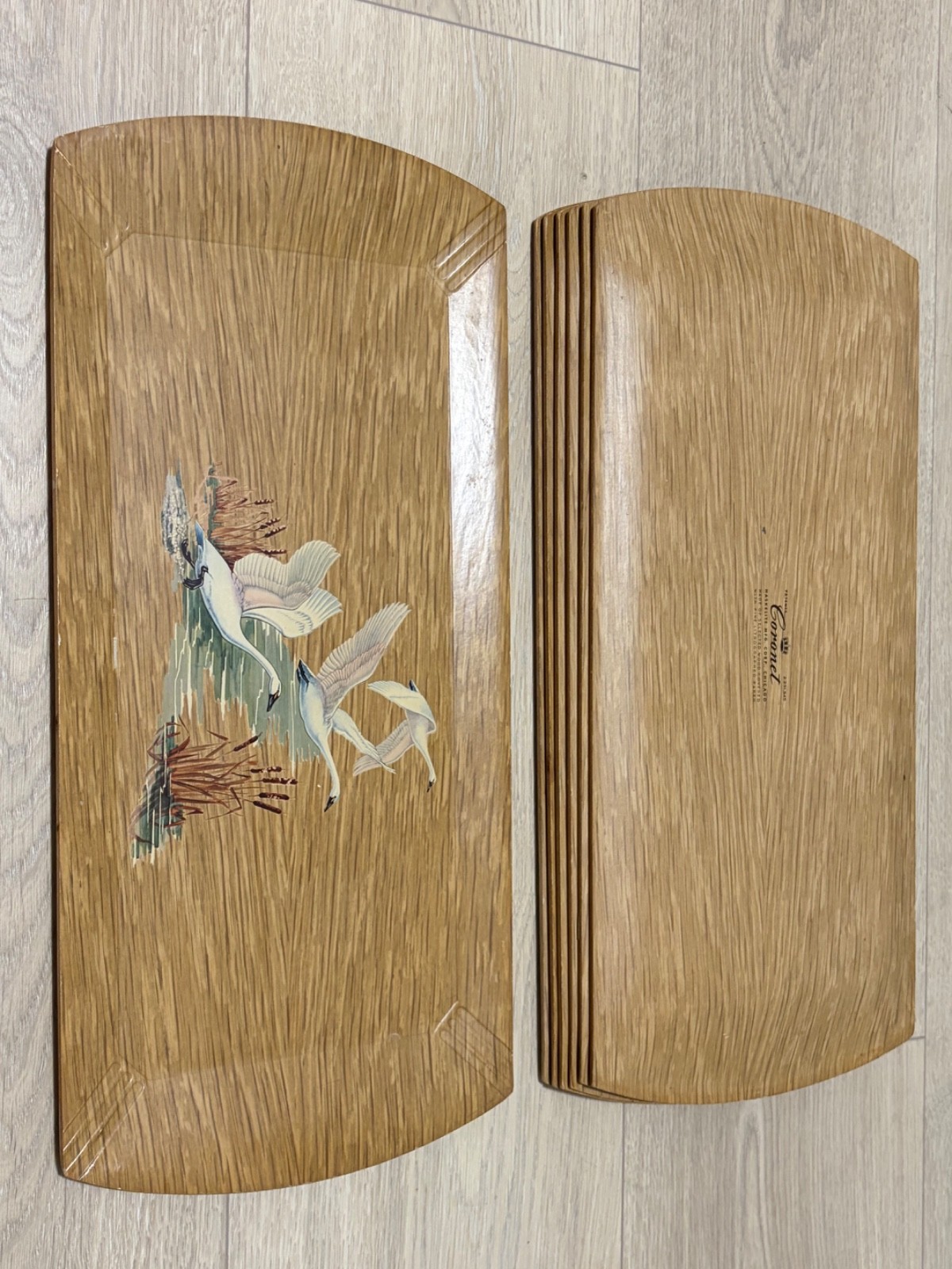 Lap Trays-Set of 7 Vintage Haskelite Coronet Flying Swans Mid Century Modern MCM