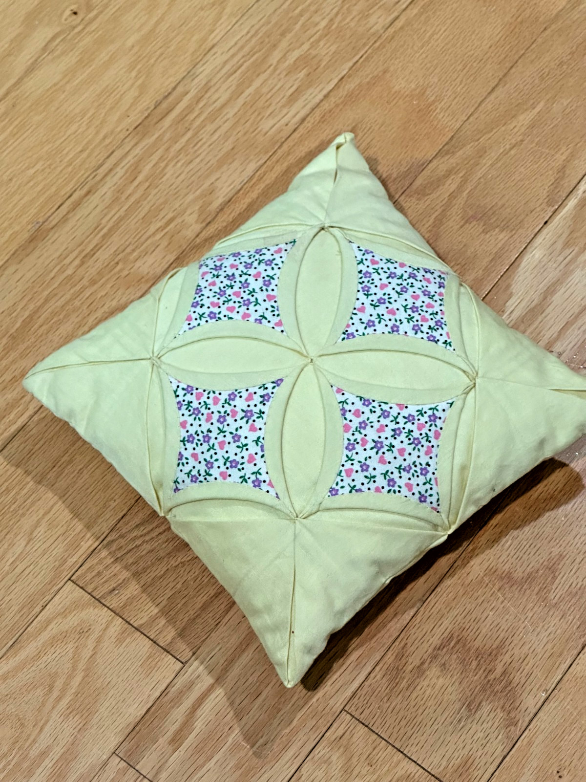 Vintage Cathedral Window 8″ Yellow and Floral Calico Quilted Pillow
