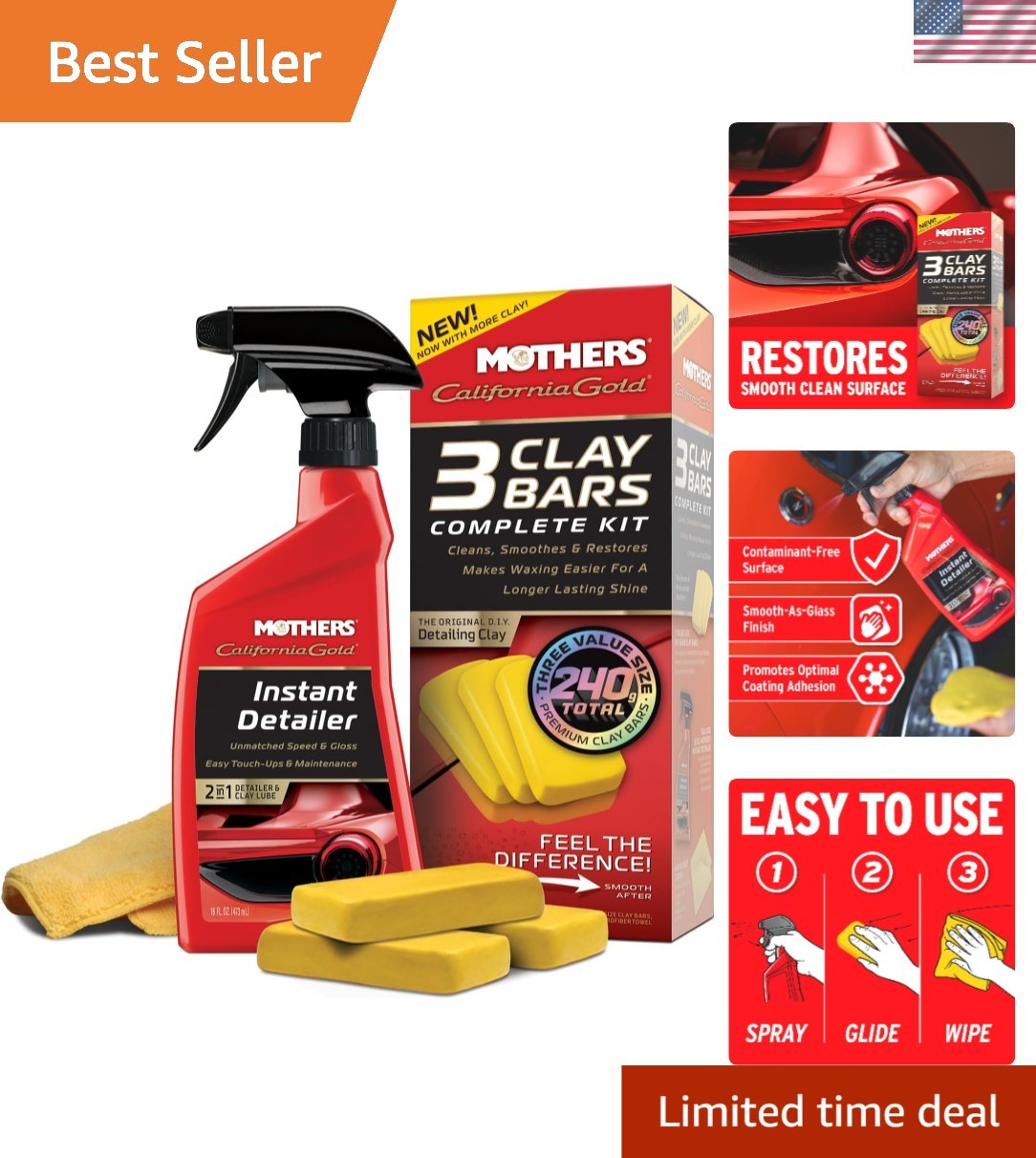 Complete Clay Bar System – 3 Clay Bars & Instant Detailer for Shine Restoration