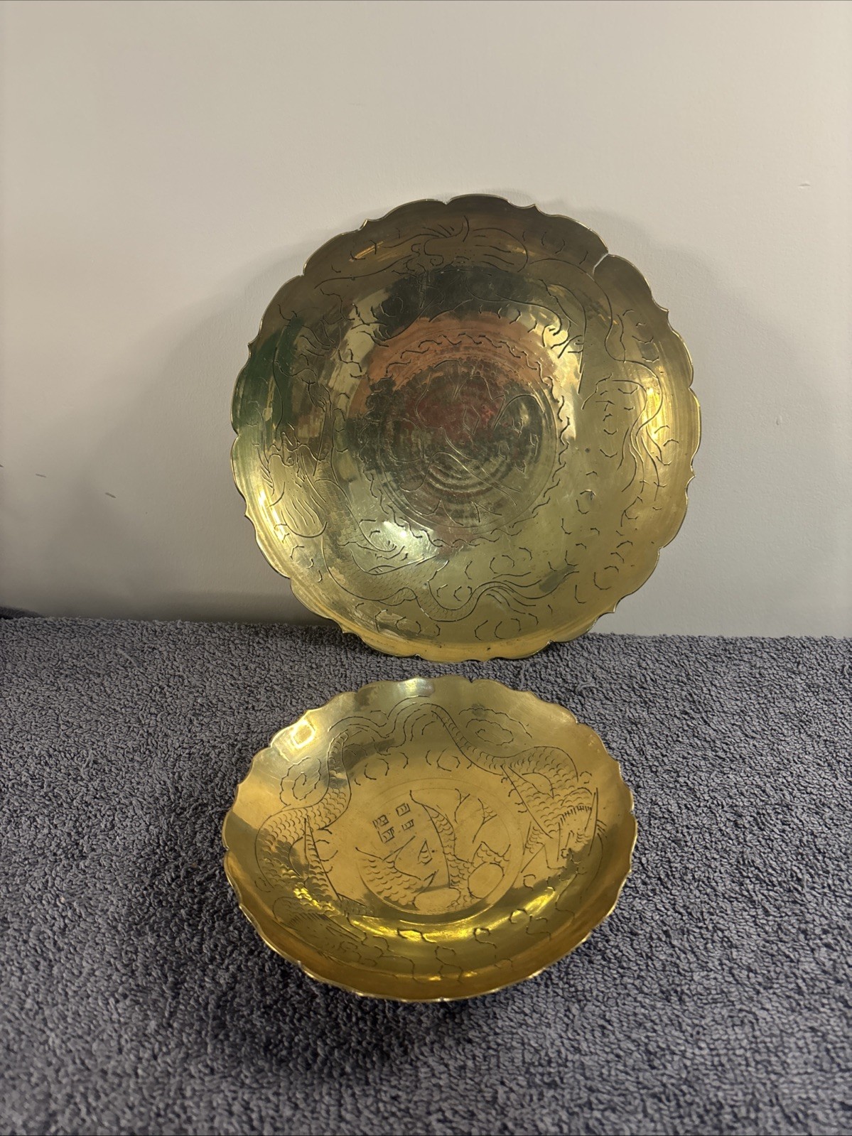 2 x Chinese Brass Dish / Bowl Shallow Tray Patterned