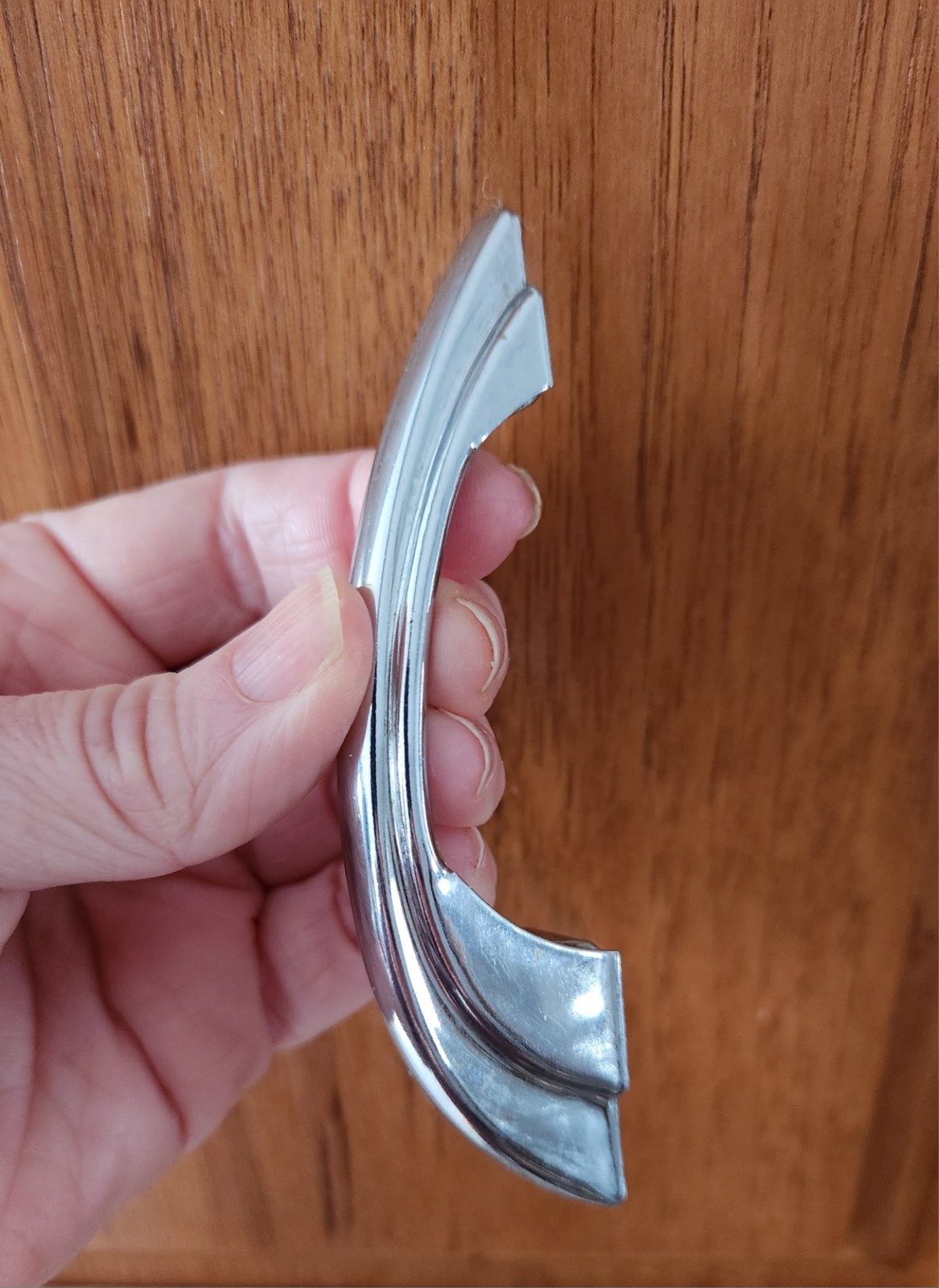 Vintage Polished Chrome Drawer Pulls Stepped Sides Arch Art Deco Cabinet Handle