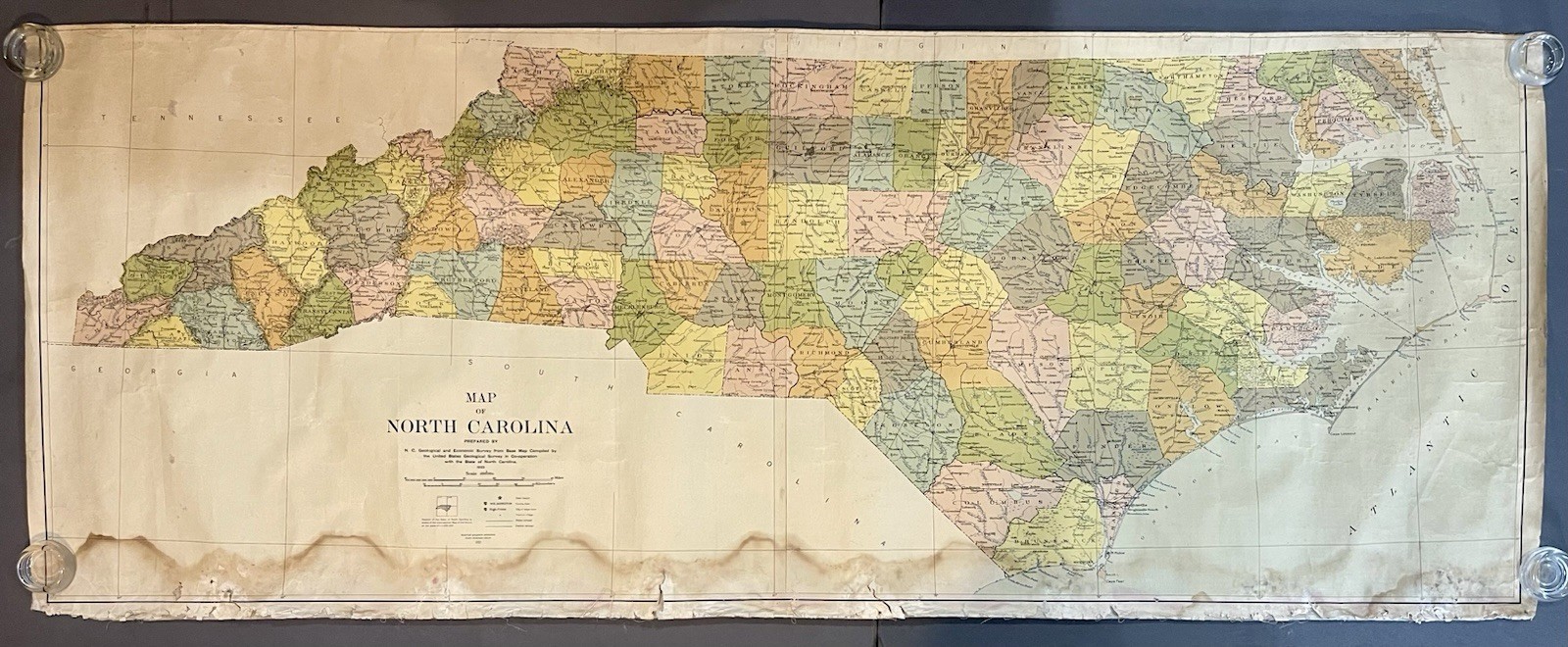 Antique 1923 Hoen & Co. Linen Backed North Carolina Geological Survey Map, Pratt